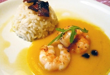 Riso con Gamberi e Crema di Patate Al Curry Dolce