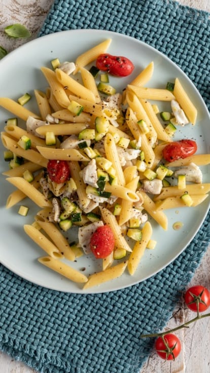 Penne con orata, zucchine e pomodorini