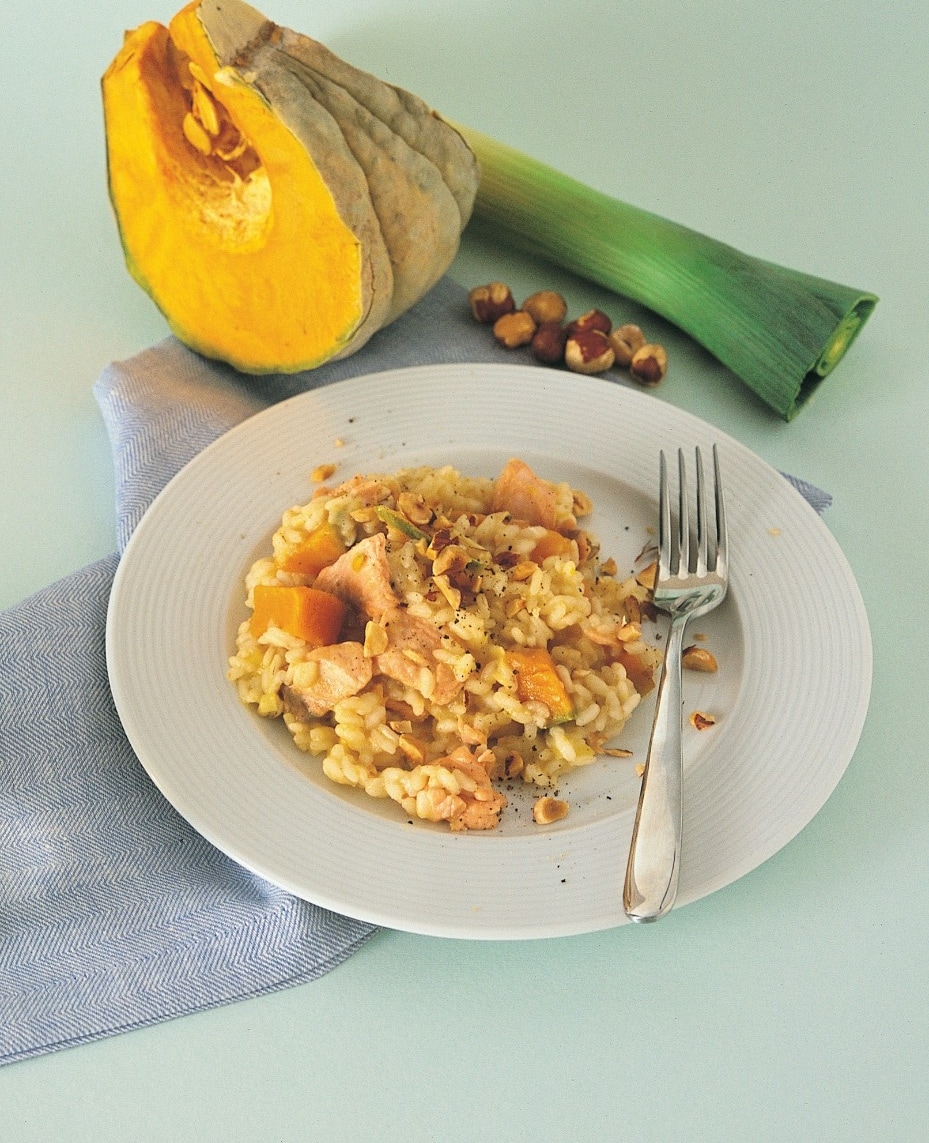 Risotto porri, zucca, salmone, nocciole ricetta