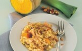 Risotto porri, zucca, salmone, nocciole