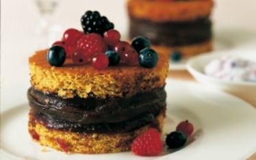 Millefoglie di pan di spagna con frutti di bosco e cioccolato