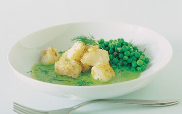 Sauté di merluzzo con crema di piselli