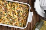 Gratin di pennette alla mortadella e piselli
