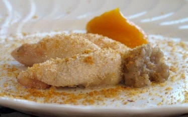 Calamari farciti di porri con crema di zucca e bottarga