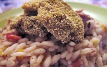 Minestra di riso asciutta con quaglia in crosta di mais