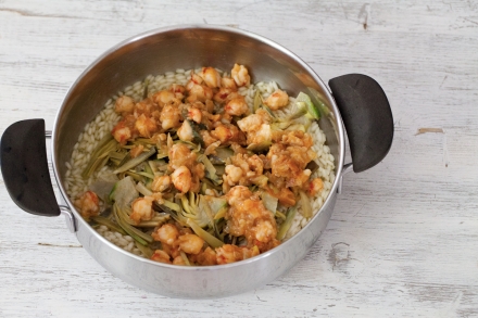 Preparazione Risotto ai carciofi e salsa di gamberi - Fase 4 Preparazione Risotto ai carciofi e salsa di gamberi - Fase 4