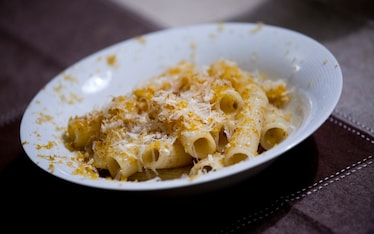 Rigatoni con gelo di fegatelli, bottarga, riccioli di pecorino