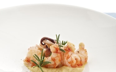 Sauté di calamari, code di gambero su crema di ceci