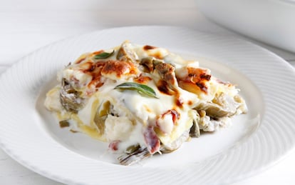Lasagne ai carciofi, taleggio e pancetta arrotolata