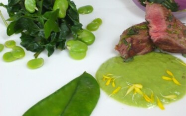 Scamone di podolica alle erbe aromatiche su crema di piselli con cicorielle di campo, fave fresche e cotto di fichi