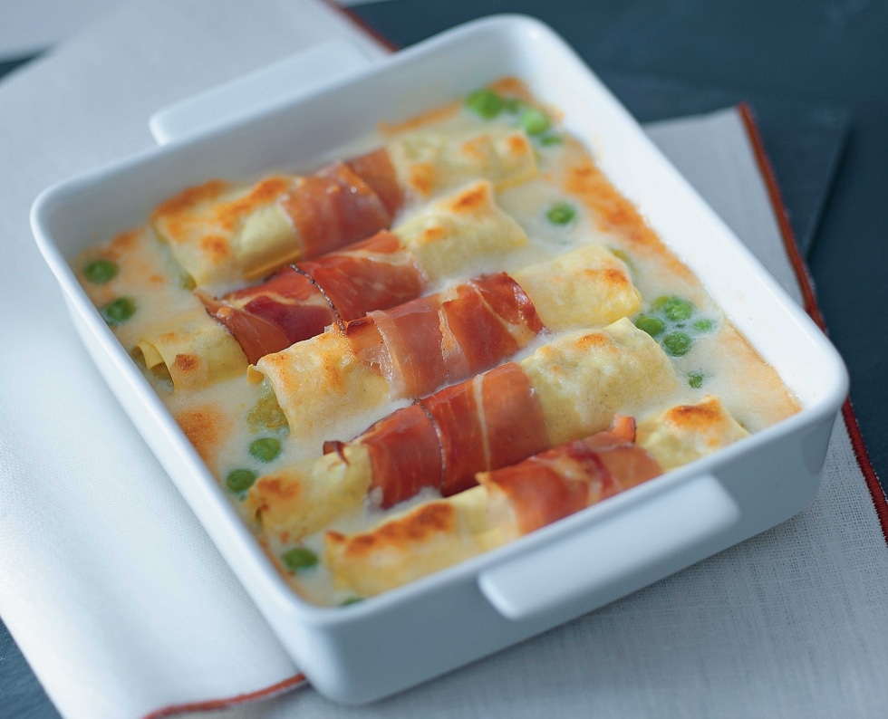 Cannelloni con purè di piselli e speck ricetta