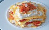 Lasagnette con peperoni, bottarga di tonno e burrata 