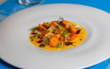 Crema di carote, zenzero, kumquat e shiso