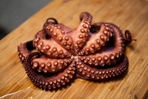 Preparazione Polpo con salsa d’arachidi, emulsione di basilico, polvere di olive taggiasche - Fase 4