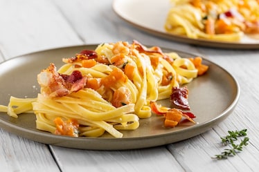Tagliatelle con guanciale croccante e zucca
