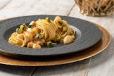 Linguine con zucchine, mazzancolle e zabaione salato