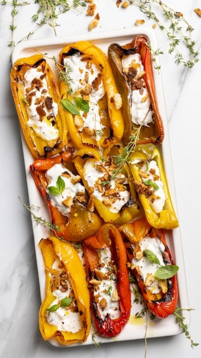 Peperoni grigliati con burrata e briciole croccanti