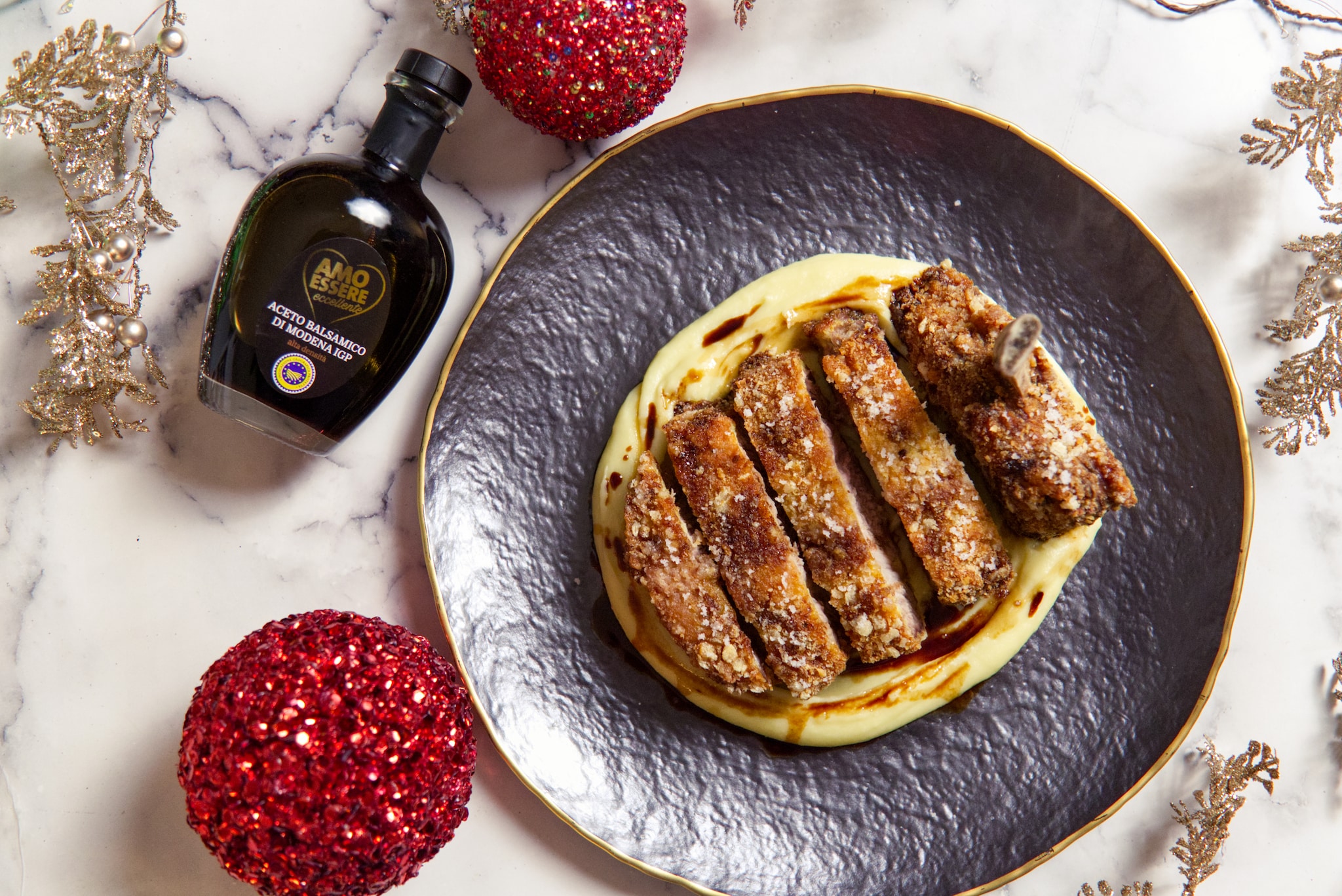 Cotoletta di maiale, purè e aceto balsamico ricetta